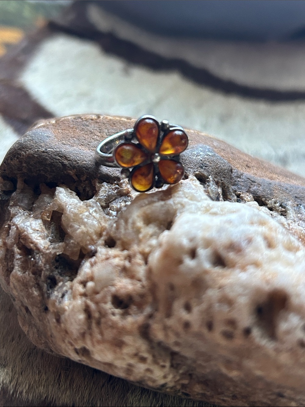 Silver Floral Amber Ring antique